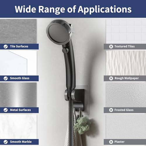 HANLIAN Strong Adhesive Handheld Shower Head Holder Without Drilling | 50° Adjustable Shower Wand Holder Wall Mount with Hooks, Waterproof Hand Held Showerhead Bracket with Hanger(Black, 1 piece) - color: Black