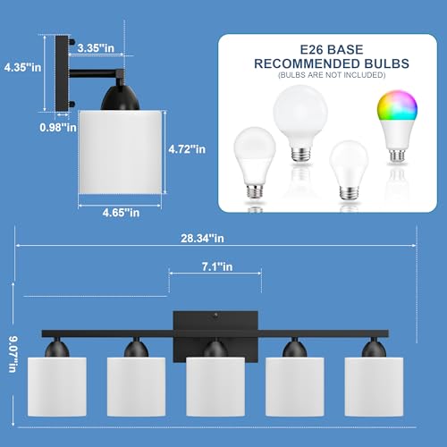 Black Bathroom Lighting Fixtures Over Mirror, 5-Light Anti-Rust Vanity Light for Bathroom, 28.34Inches Modern Wall Sconce, Standard E26 Base, Milky White Glass Shades, Bulbs Not Included - color: Black-5Light