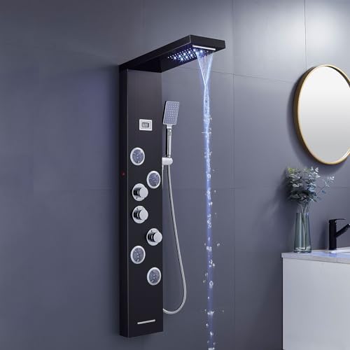 6-in-1 LED Shower Panel Tower System Stainless Steel Black | Rainfall + waterfall | 4 body jets | Handheld shower | Tub spout | LED display | Wall mount - color: Black