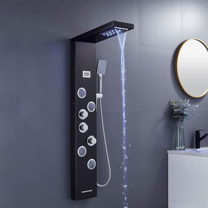 6-in-1 LED Shower Panel Tower System Stainless Steel Black | Rainfall + waterfall | 4 body jets | Handheld shower | Tub spout | LED display | Wall mount - color: Black