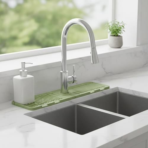 Silicone Faucet Splash Guard Mat，13 x 3.35 Inches | For Kitchen & Bathroom Sinks,Flexible Drainage Tray Design,Helps Keep Sink Area Dry,Easy to Use and Clean - color: Green