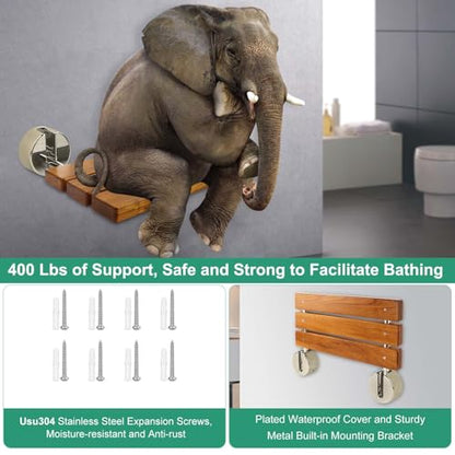 20 Inchs Teak Folding Shower Seat Wall Mounted, Fold Down Shower Seat for Inside Shower, Home Care Folding Shower Seat, Wall Mounted Shower Bench with 400 Lb. (Wood)