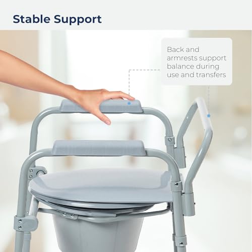 Drive Medical Folding Steel Bedside Commode Chair, 3-in-1, Gray | Folding Steel Bedside Commode Chair Offers 3-in-1 Portable Toilet Design with 7.5 Qt Bucket and 350 Lb Capacity