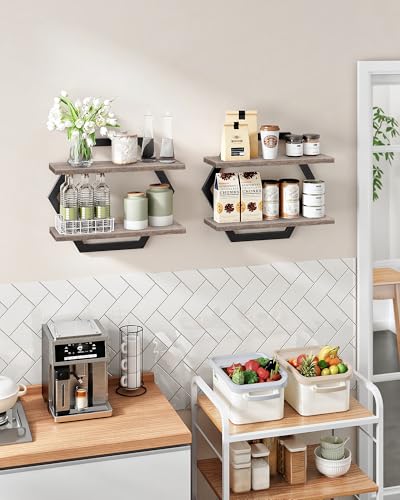 Hexagon Floating Shelves for Wall, Set of 2, 2 -Tier Hanging Shelves, Wall Mounted Storage Shelves, for Living Room, Bedroom, Kitchen, Home Office, Study, Greige TBJ06P2BG - color: Greige + Black