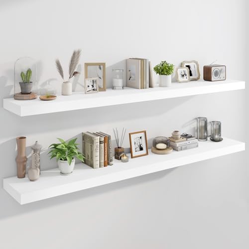 Marsmiles 72" Floating Shelves for Wall, Wooden Shelves with Invisible Brackets Set of 2, Rustic Farmhouse Wall Mounted Shelf for Kitchen Bathroom Living Room Study, White - color: White, size: 72"