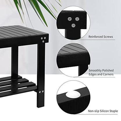 VaeFae Bamboo Spa Bench Seat Stool Foot Rest Shaving Stool with Non-Slip Feets Storage Shelf for Shampoo Towel,Works in Bathroom/Living Room/Bedroom/Garden Leisure (Black) - size: Black 17.3" x 11" x 16.1"