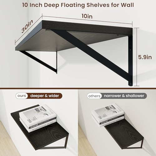30 Inch Floating Shelves, 10 Inch Deep Black Wall Shelves Set of 2 | 30'' x 10'' Rustic Wood Shelves with Heavy Duty Brackets, Deep Shelves for Bathroom, Living Room, Engineered Wood, 40LBS - color: Black, size: 30W x 10D