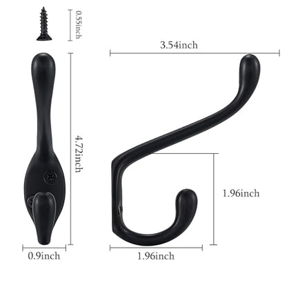 Coat Hooks 5 Pack - Heavy Duty Wall Mounted Two Prongs Double Hooks Matte Black Door Hooks for Hanging Clothes/Towels - Sturdiness Design with Better Mounting System - color: Matte Black