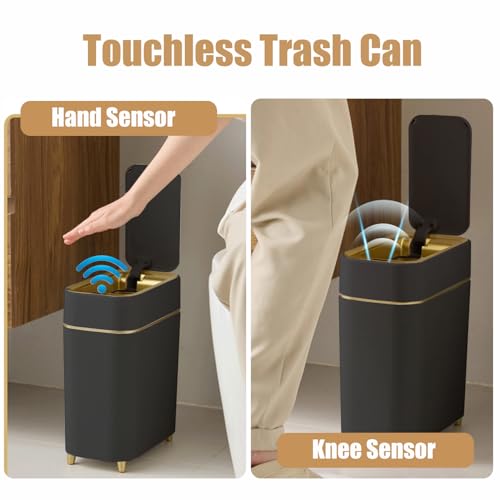 Automatic Bathroom Trash Can with Touchless Lid - Motion Sensor Trash Can | Bathroom, Bedroom, Kitchen, Laundry room, Small Spaces - Slim Smart Trash Bin - Black with Gold Edge, 1Pack - color: Black Gold, size: 1 Pack