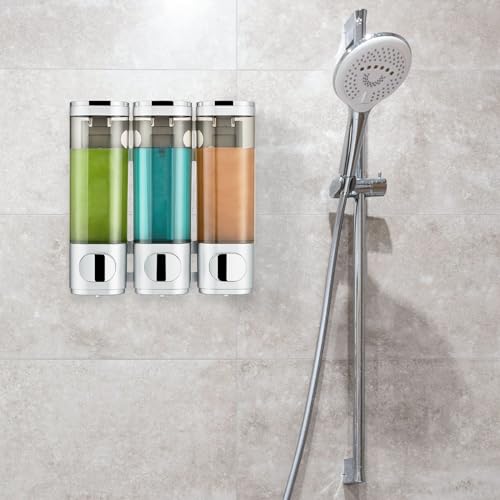 Pollock Shampoo and Conditioner Dispenser 3 Chamber No Drill | Shower Soap Pump Dispenser Wall Mounted,Body Wash Dispenser,Shower Gel Shampoo Holder for Bathroom Accessories, (Silver 3) - color: Silver 3