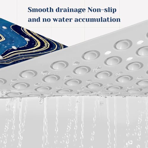 Marble Bath Tub Mat Non Slip, Blue Geometric Marble Non Slip Bath Mat for Shower, Large Washable Shower mats for Showers with Drain Holes and Suction Cups,40 X 16 Inch - color: Blue Geometric Marble