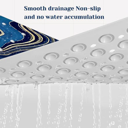 Marble Bath Tub Mat Non Slip, Blue Geometric Marble Non Slip Bath Mat for Shower, Large Washable Shower mats for Showers with Drain Holes and Suction Cups,40 X 16 Inch - color: Blue Geometric Marble