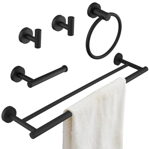 Matte Black Bathroom Hardware Accessories Set 5 pcs Towel Holder Bar Set | 24 inches Stainless Steel Towel Bar, Towel Racks for Bathroom Robe Towel Hooks Toilet Paper Holder Wall Mounted by BATHLAVISH - color: Matte Black