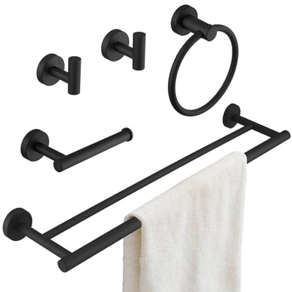 Matte Black Bathroom Hardware Accessories Set 5 pcs Towel Holder Bar Set | 24 inches Stainless Steel Towel Bar, Towel Racks for Bathroom Robe Towel Hooks Toilet Paper Holder Wall Mounted by BATHLAVISH - color: Matte Black