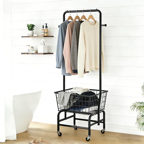Rolling Laundry Cart with Hanging Rack Metal Laundry Basket with Wheels Laundry Hamper with Storage Basket and Shelf for Laundry Room Organization Black