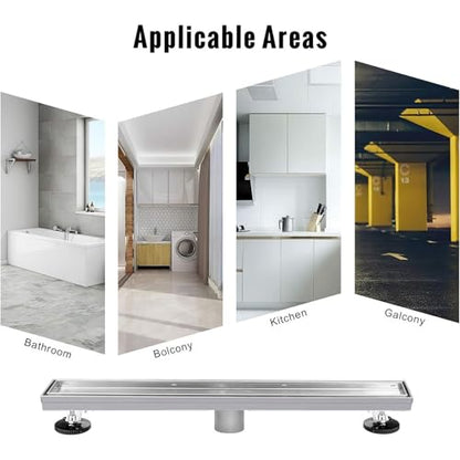 SaniteModar Linear Shower Drain 24 inch Brushed with Tile Insert Panel | AISI 304 Stainless Steel Brushed Linear Dain Rectangle Shower Floor Drain with Hair Strainer and Leveling Feet - color: Tile Insert Grate, size: 24 inch