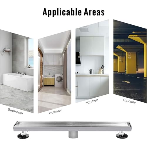 SaniteModar Linear Shower Drain 24 inch Brushed with Tile Insert Panel | AISI 304 Stainless Steel Brushed Linear Dain Rectangle Shower Floor Drain with Hair Strainer and Leveling Feet - color: Tile Insert Grate, size: 24 inch