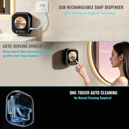 Automatic Soap Dispenser Touchless, Wall Mount Hand Soap Dispenser 10.8oz, LED Clock Electric Sensor Pump with 5 Speed Foam,120-Day Long-Life Battery, IPX5 Waterproof for Kitchen Bathroom Office Hotel