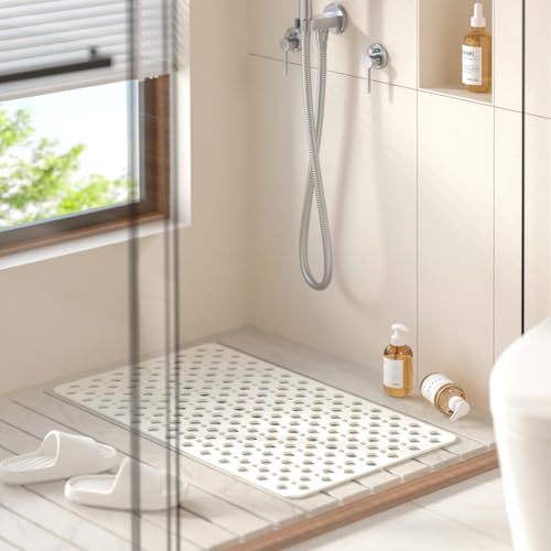 HITSLAM Bathtub Mat Non Slip, 28 x 15 Inch TPE Bath Mat for Tub, Efficient Drainage Bathroom Shower Mat with Suction Cups, Bath Tub Mat, Soft on Feet and Easy to Clean, White - color: White, size: 28" x 15" (Rectangular)