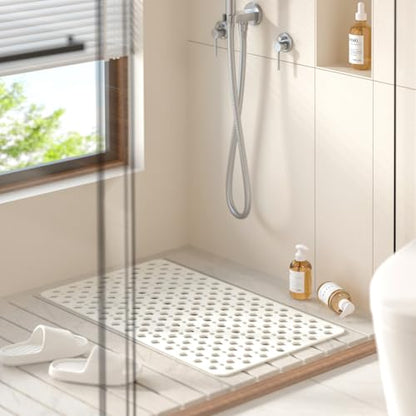 HITSLAM Bathtub Mat Non Slip, 28 x 15 Inch TPE Bath Mat for Tub, Efficient Drainage Bathroom Shower Mat with Suction Cups, Bath Tub Mat, Soft on Feet and Easy to Clean, White - color: White, size: 28" x 15" (Rectangular)