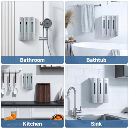 Shampoo and Conditioner Dispenser - Shower Soap Dispenser Wall Mounted No Drill - Shampoo Conditioner Body Wash Dispenser 3 Chamber - Easy Install for Bathroom Hotel Silver 1200ml - color: Silver 3
