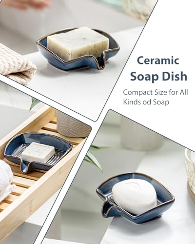 Zoeeker Self Draining Soap Dish, Ceramic Soap Holder with Waterfall Design | Shower Soap Dish with Drainage Round Soap Saver for Shower, Bathroom, Sink, Kitchen and Countertop, Brush Holder, Blue - color: Blue, size: Round