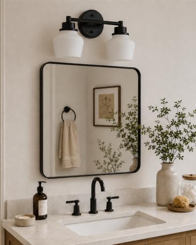Emak 2-Light Vanity Light, Modern Farmhouse Black Bathroom Fixture Over Mirror With Milk Glass Shade, VL122-BK-ML-2 - color: Black & White Glass, size: 2 Light