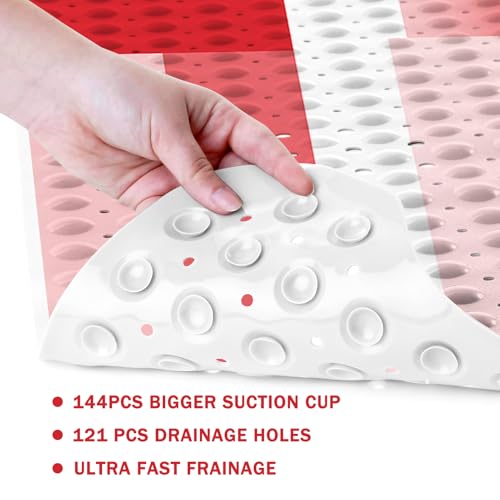 Red Bath Tub Mat Non Slip, Modern Geometric Large Washable Shower Mats with Drain Holes and Suction Cups,40 X 16 Inch - color: Red