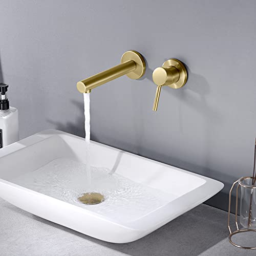 SUMERAIN Brushed Gold Bathroom Faucet Brass Wall Mount Faucet Single Handle with Rough in Valve - color: Brushed Gold, size: Right Handle