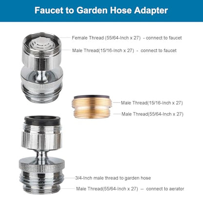 Hibbent Faucet Adapter Kit, Swivel Aerator Adapter to Connect Garden Hose - Multi-Thread Kitchen Sink Faucet to Garden Hose Adapter 3/4 Inch - Chrome Finished - color: Chrome, style: Swivel Garden Hose Adapter