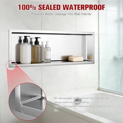 VELPAX No Tile Needed Shower Niche 12"X 36", Bathroom Wall Niche Single Shelf, Stainless Steel Shower Niche for Bathroom, Kitchens, Balconies - color: Silver, size: 12"X 36" Single Shelf