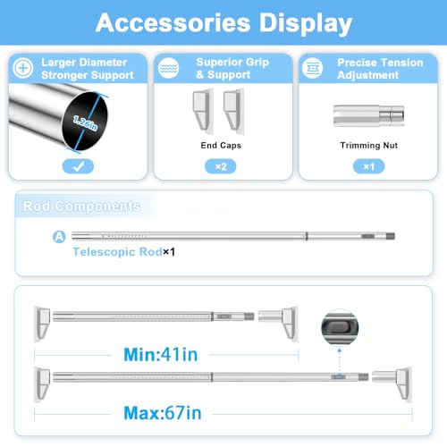 41 to 67 Inch Tension Curtain Rod, Silver | No Drill, Extra Long, Heavy Duty, Renter Friendly Adjustable - color: Silver, size: 41-67inch