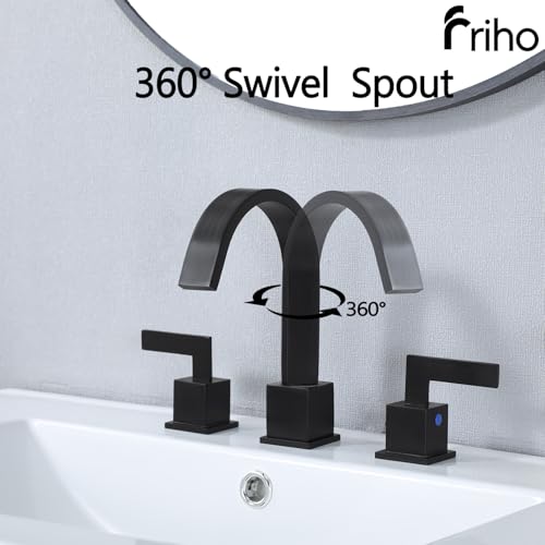 Friho Matte Black Waterfall Bathroom Faucet, 8 Inch Widespread 3 Hole Sink Faucet with 2 Handles, Pop-up Drain & Supply Lines, Stainless Steel Vanity Faucet for Bathroom - style: Thin Square