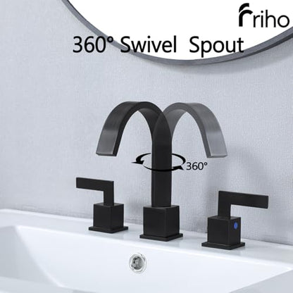 Friho Matte Black Waterfall Bathroom Faucet, 8 Inch Widespread 3 Hole Sink Faucet with 2 Handles, Pop-up Drain & Supply Lines, Stainless Steel Vanity Faucet for Bathroom - style: Thin Square