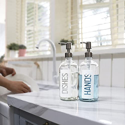 JASAI 2Pack 18OZ Glass Soap Dispenser with Hands & Dishes Printed Label. | Kitchen Soap Dispenser with Rustproof 304 Stainless Steel Pump for Hand Soap & Dish Soap (White) - color: White With White Pump