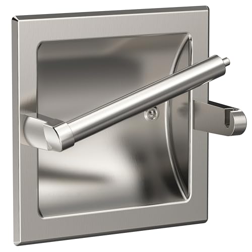 Recessed Toilet Paper Holder Wall Mount Brushed Nickel | 304 Stainless Steel Post Pivoting Design Easy to Change Roll, in Wall Toilet Paper Holder for Mega Roll for Bathroom - color: Brushed Nickel