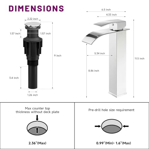 Chrome Bathroom Faucet Waterfall Vessel Sink Faucet Modern Stainless Steel | Single Handle One Hole Deck Mount,Bowl Vanity Sink Faucet,with Pop-up Drain Assembly and Supply Line,Lead-Free by Bathfinesse - color: Chrome