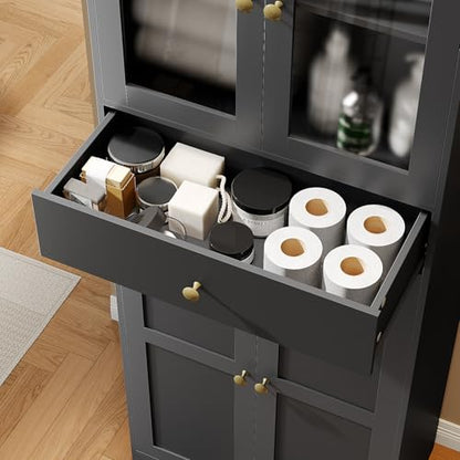 Space-Saving 67 Inch Bathroom Linen Cabinet,Freestanding Tall Storage Tower with Adjustable Shelves & Glass Doors for Bathroom, Kitchen, Hallway Organization (Black)