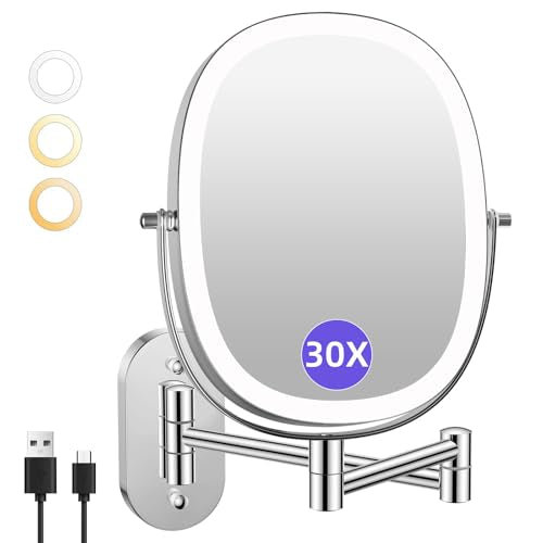FUNTOUCH 5000mAh Rechargeable Wall Mounted Lighted Makeup Mirror, Chrome | Double Sided 30X/1X Magnifying Mirror Wall Mounted,Extended Arm 360°Rotation,Touch Dimmable,3 Color Lights for Bathroom - color: 30x Chrome