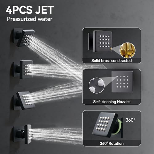 Shower System with Body Jets, Bostingner Four Modes Shower Faucet 12+6" Rain Shower Head with Handheld Spray 2 Ways, 4Pcs Shower Jets System in Wall Shower Faucet Sets Complete, Matte Black - color: Matte Black, size: 6+12 inch-01