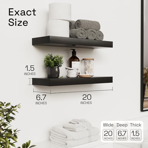 Solid Wood Floating Shelves for Wall 20 Inch Black, Wooden Bathroom Shelf | Real Wood, Heavy-Duty, Wall Mounted, Bedroom Kitchen Living Room, Rustic, Black Finish, 20W x 6.7D, Set of 2 - color: Black, size: 20 Inch