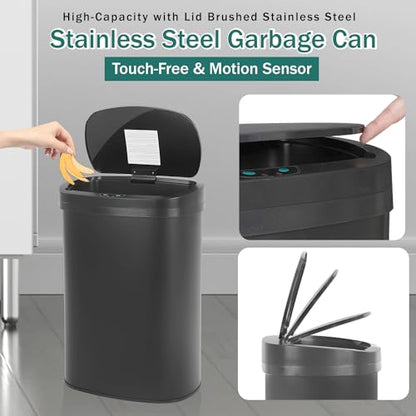 PayLessHere Kitchen Trash Can Automatic Trash Can with Lid 50 Liter 13 Gallon Touch Free High-Capacity Brushed Stainless Steel Waste Bin for Bathroom Bedroom Home Office (Black) - color: Black