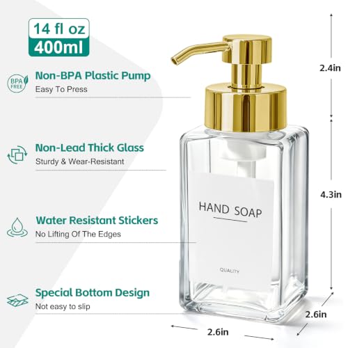 Foaming Soap Dispenser, 12oz/350ml Glass Foaming Hand Soap Dispenser Set, 2Pcs Refillable Foam Soap Dispenser with Foaming Pump, Labels, Square Foam Soap Hand Dispenser for Bathroom, Gold - color: Clear Bottle +Gold Pump