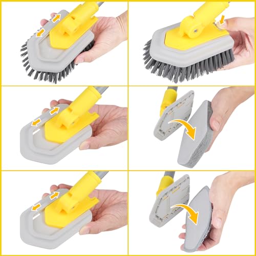Bathtub Cleaning Brush Long Handle, Shower Bathroom Cleaner Brush Scrubber | 3 Different Detachable Scrub Brush Replacement Head for Scrubing Bathroom Floors, Tubs, Tiles, and Kitchen Walls - color: Yellow