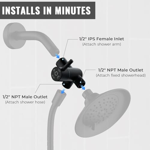 G-Promise Solid Metal High-Flow Shower Diverter Valve (Matte Black) | High Water Output, 4 Spray Modes with Pause Mode, Anti-Leak, Use Separately or Both, Easy Install, Universal Replacement - color: Matte Black