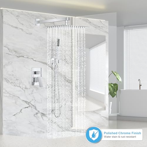 FPXRNG Shower Faucet Set Bathroom Square Rain Shower Head and Handle Set, Wall Mounted Shower Fixtures, Full Metal Trim Repair Kit 10 inch Polished Chrome (With Shower Valve) - color: ‎Polished Chrome, size: 10 Inch Wall Mount Shower Head