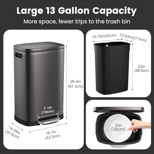 ELPHECO Kitchen Trash Can with Lid 13 Gal Stainless Steel Pedal Garbage Can | Soft Close Lid Pedal Heavy-Duty Fingerprint Proof Step Wastebasket with 20 Bags Removable Bucket, Home Office, Titanium Black - color: Titanium Black
