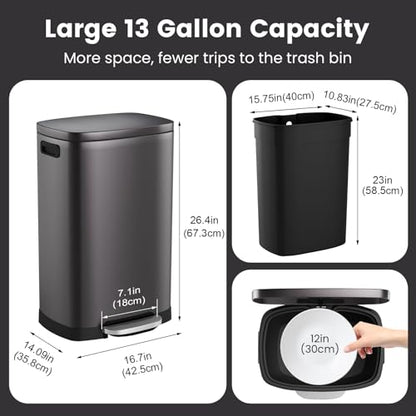ELPHECO Kitchen Trash Can with Lid 13 Gal Stainless Steel Pedal Garbage Can | Soft Close Lid Pedal Heavy-Duty Fingerprint Proof Step Wastebasket with 20 Bags Removable Bucket, Home Office, Titanium Black - color: Titanium Black