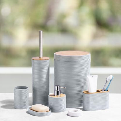 CERBIOR Bamboo Bathroom Accessories Set 6 Piece Spiral Bath Ensemble,Grey | Includes Soap Dispenser, Toothbrush Holder, Toothbrush Cup, Soap Dish for Decorative Countertop and Housewarming Gift - style: Grey