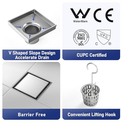 Square Shower Drain, 304 Stainless Steel Floor Drain 4" | with Tiled Insert Grate & Hair Strainer, Bathroom 2-in-1 Tiled in Drain, CUPC Certified - color: Brushed, size: 4''